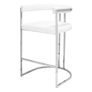 Donovan bar chair in white upholstery and nickel frame back side.