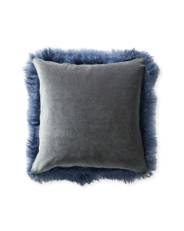 Mongolian lamb fur pillow in blue grey color back