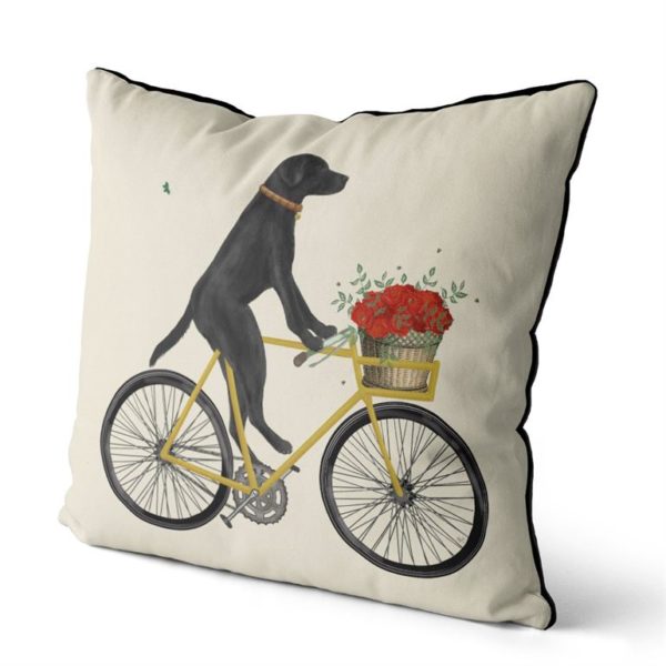 Black Lab on Bike Pillow with sky background side