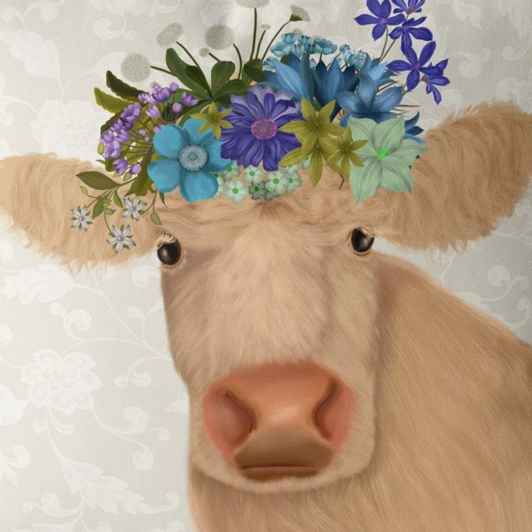 Bohomian Curly Cow with floral crown pillow closeup