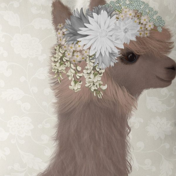 Llama with floral crown pillow closeup