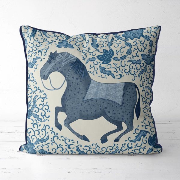 Chin Blue Horse on cream fabric