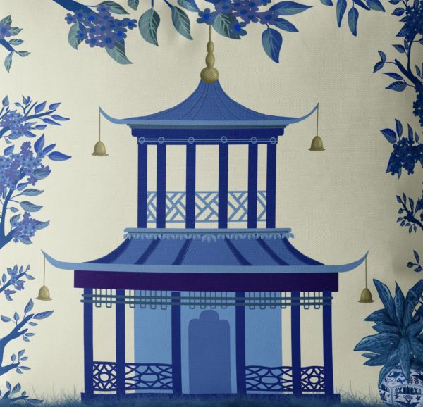 Pillow with Pagoda design in blue closeup
