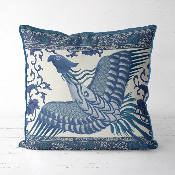 Pillow featuring a phoenix bird in blue color.