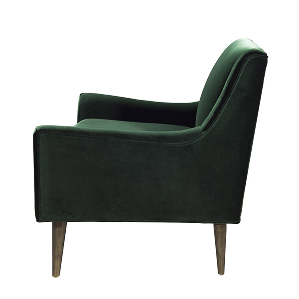 Wrenn Emerald green lounge chair with bronze legs side view.
