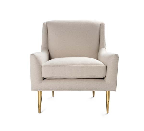 Wrenn Ivory lounge chair with brass legs front view.