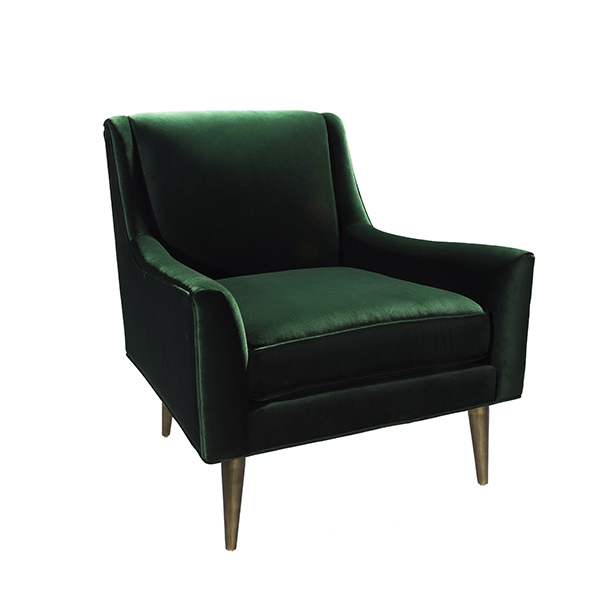Wrenn Emerald green lounge chair with bronze legs angled view.