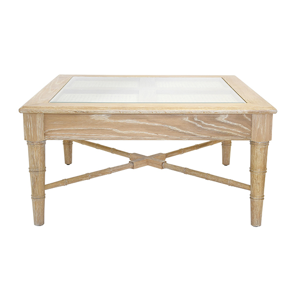 Cerused Natural oak square coffee table with glass top. Front view.